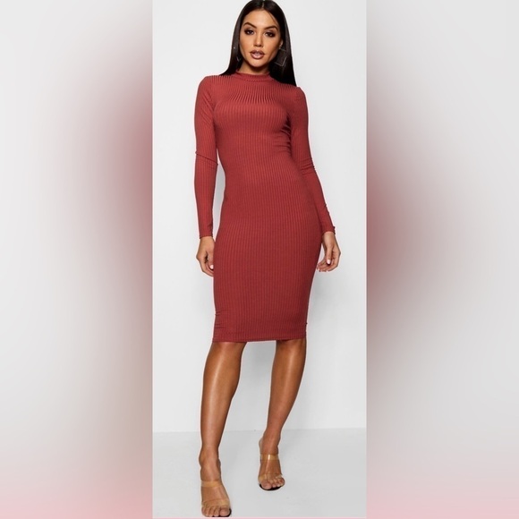 Boohoo High Neck ribbed long sleeve body on dress B138 - Picture 1 of 8